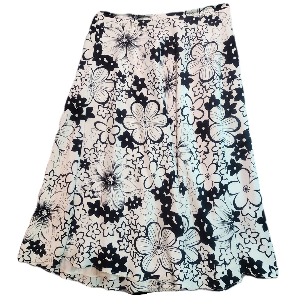 Grace Womens Size 8 Black White Silk Floral Midi Skirt Cottagecore